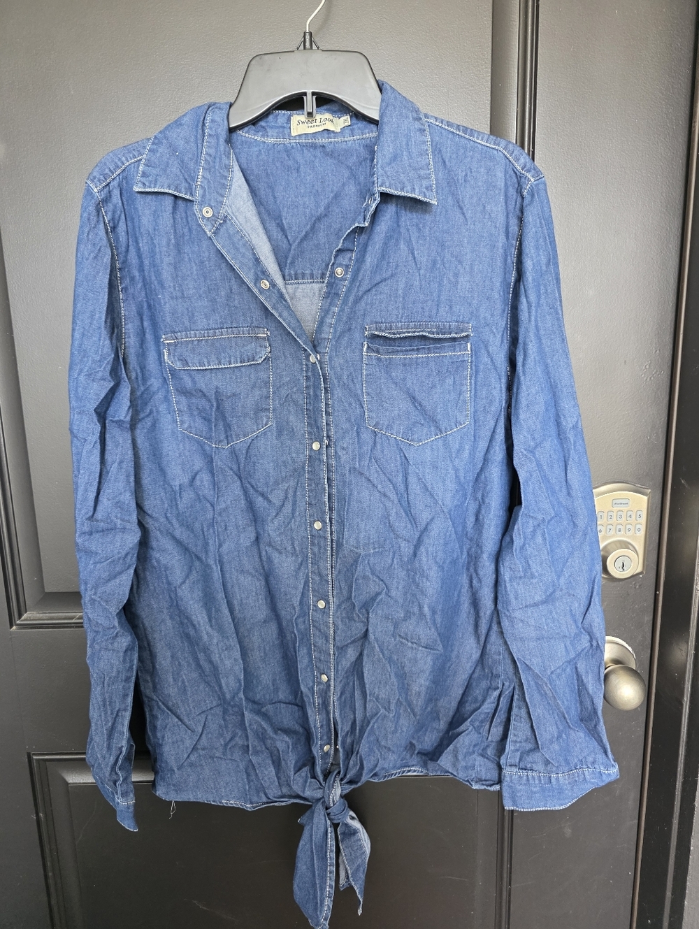 Sweet Look Denim Chambray Tie Front Shirt 2XL Button Up Classics Blue Y2k